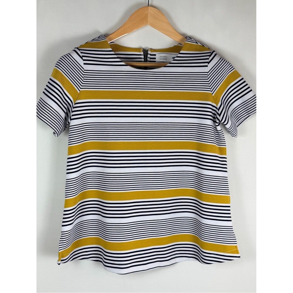 Old Navy Maternity Striped Top XS Yellow Navy White Stretch Knit Tee